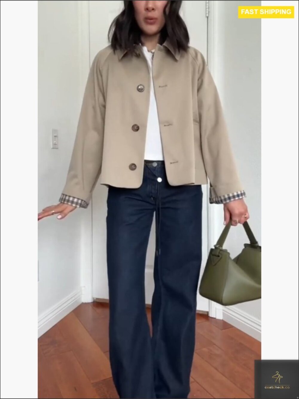 Short Plaid Trench Coat Button Down Lapel Jacket Loose Fit - Picture 7 of 7